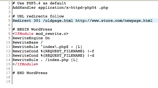 การเปลี่ยนเส้นทาง 301 ควรมีลักษณะอย่างไรในไฟล์ .htaccess ตัวอย่างนี้มาจากไซต์ที่มี WordPress -- สังเกตตำแหน่ง