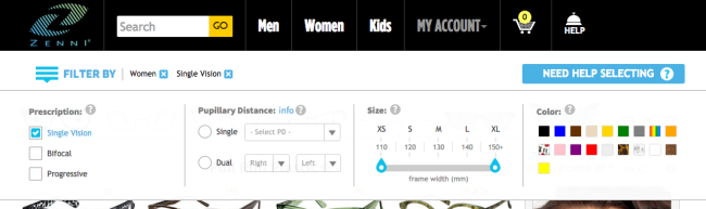Une fois que vous avez choisi votre catégorie générale sur ce site - par exemple, les lunettes pour femmes - des options de filtrage apparaissent pour accélérer le processus de recherche.
