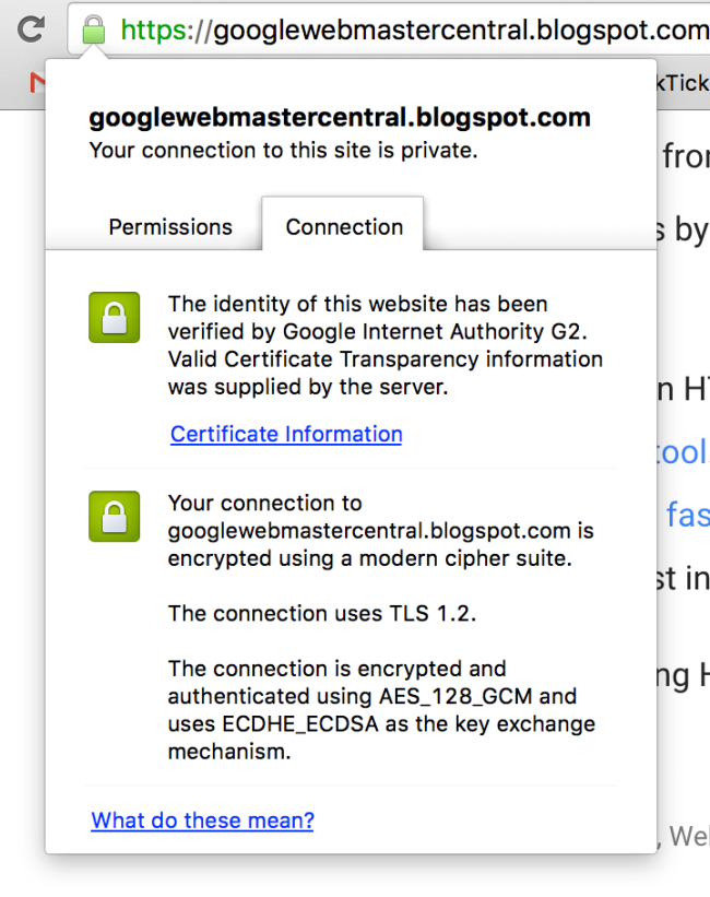 Bir SSL sertifikasını incelerken görebileceğiniz türden bilgilere bir örnek -- bu örnekte, Google'ın Web Yöneticisi Merkezi blogu.