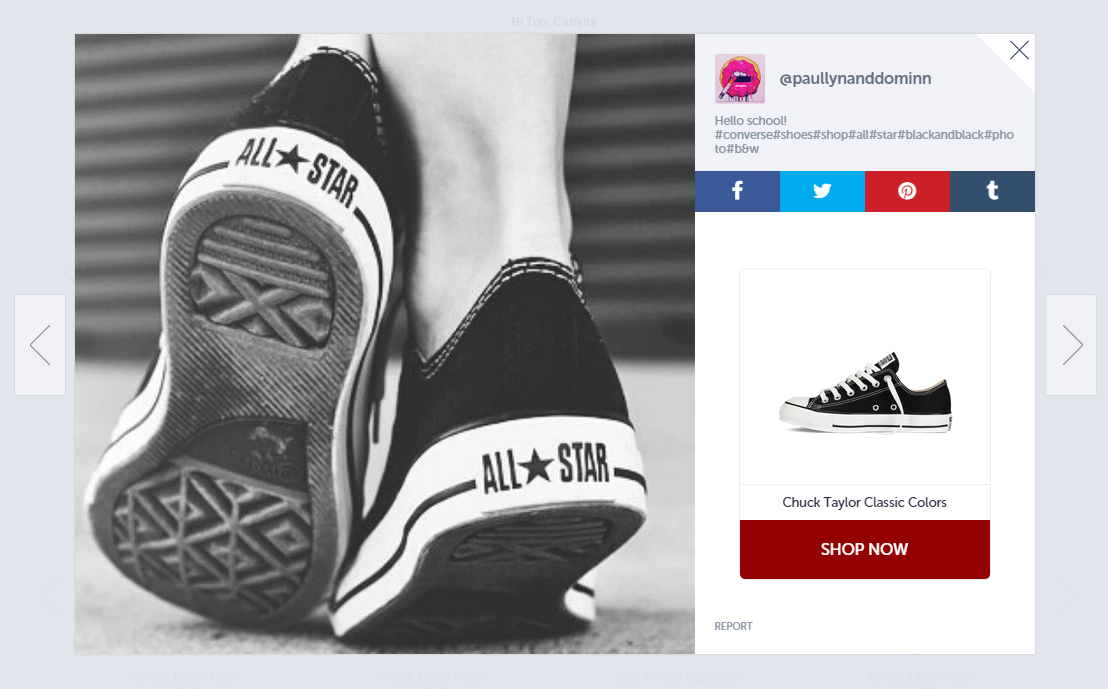 Converse dodaje prawdziwe zdjęcia klientów z Instagrama do swoich stron produktów oraz linki do przedmiotu pokazanego na zdjęciu, dzięki czemu możesz go zobaczyć.