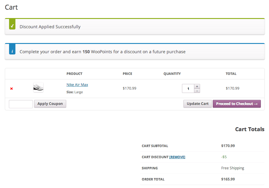 คะแนนและรางวัลของ WooCommerce แสดงทั้งส่วนลดสำหรับรองเท้าคู่หนึ่งในรถเข็นและคะแนนสะสมมากขึ้น