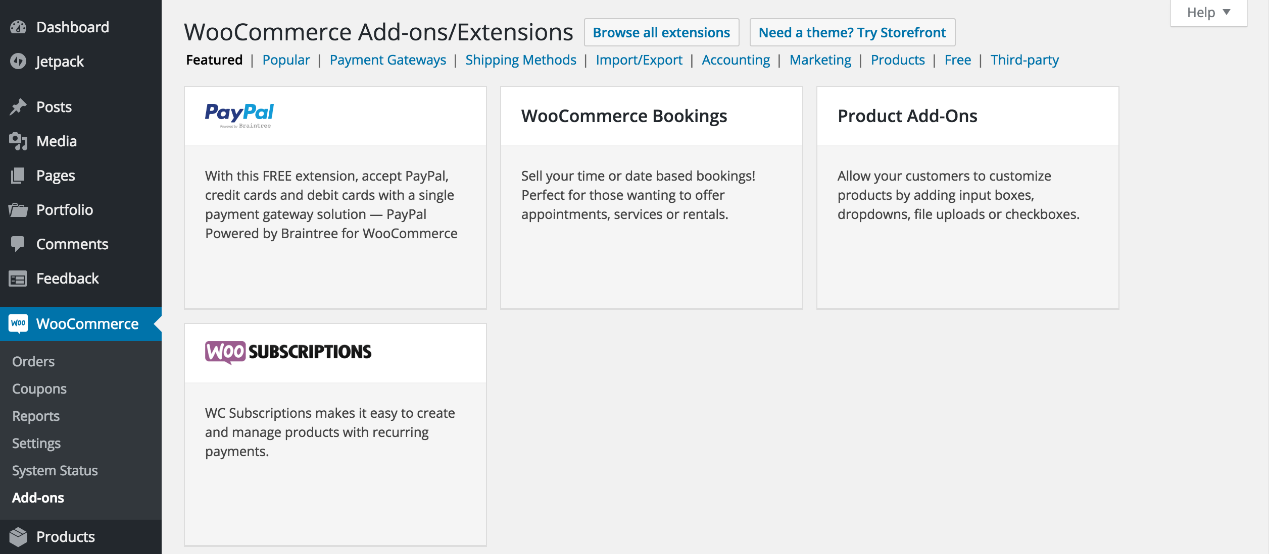 Fügen Sie diese Zahlungs-Gateways und andere über den WooCommerce-Add-Ons-Bildschirm hinzu.