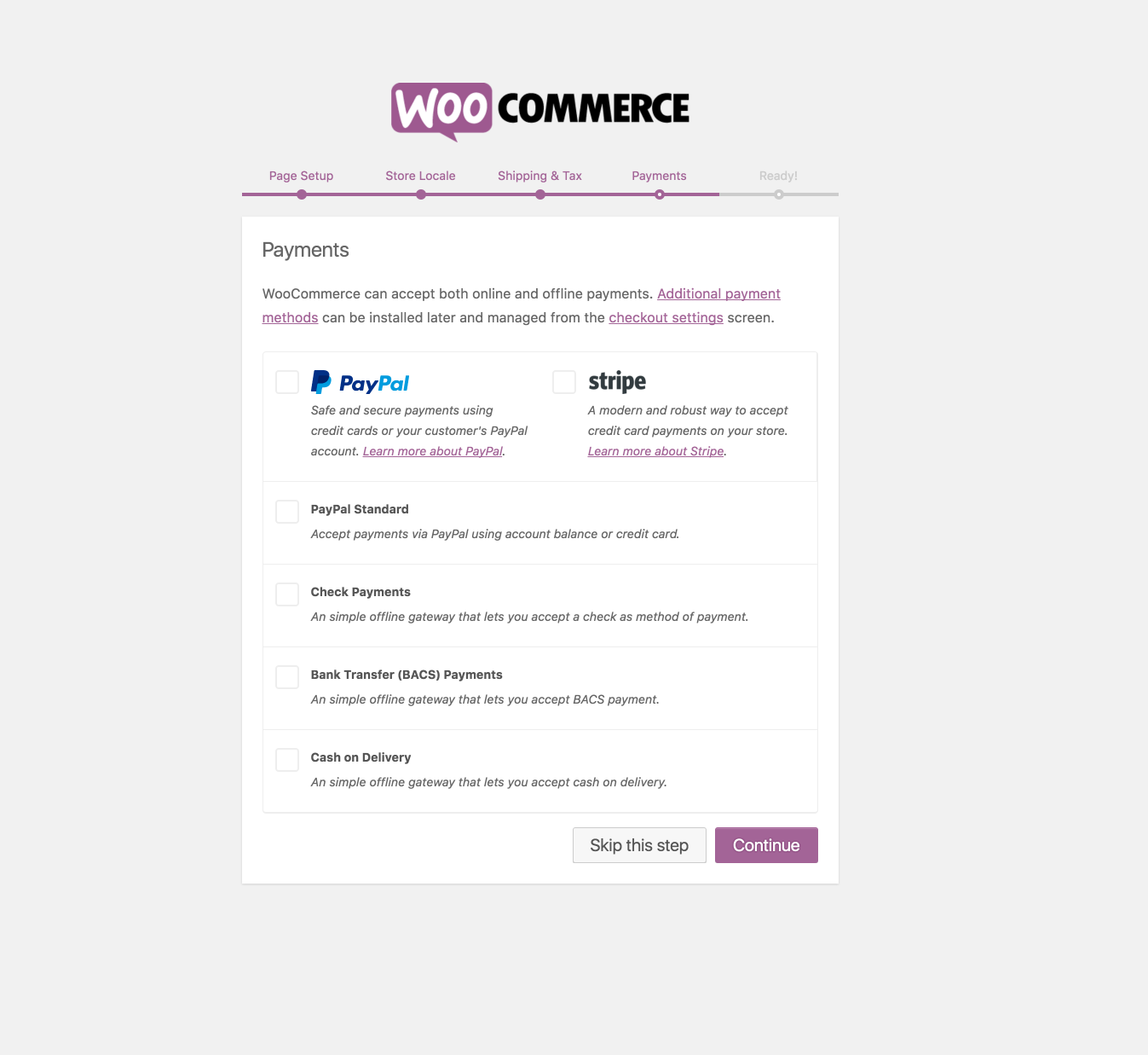 Neue Zahlungsoptionen werden jetzt im WooCommerce-Onboarding-Assistenten präsentiert.