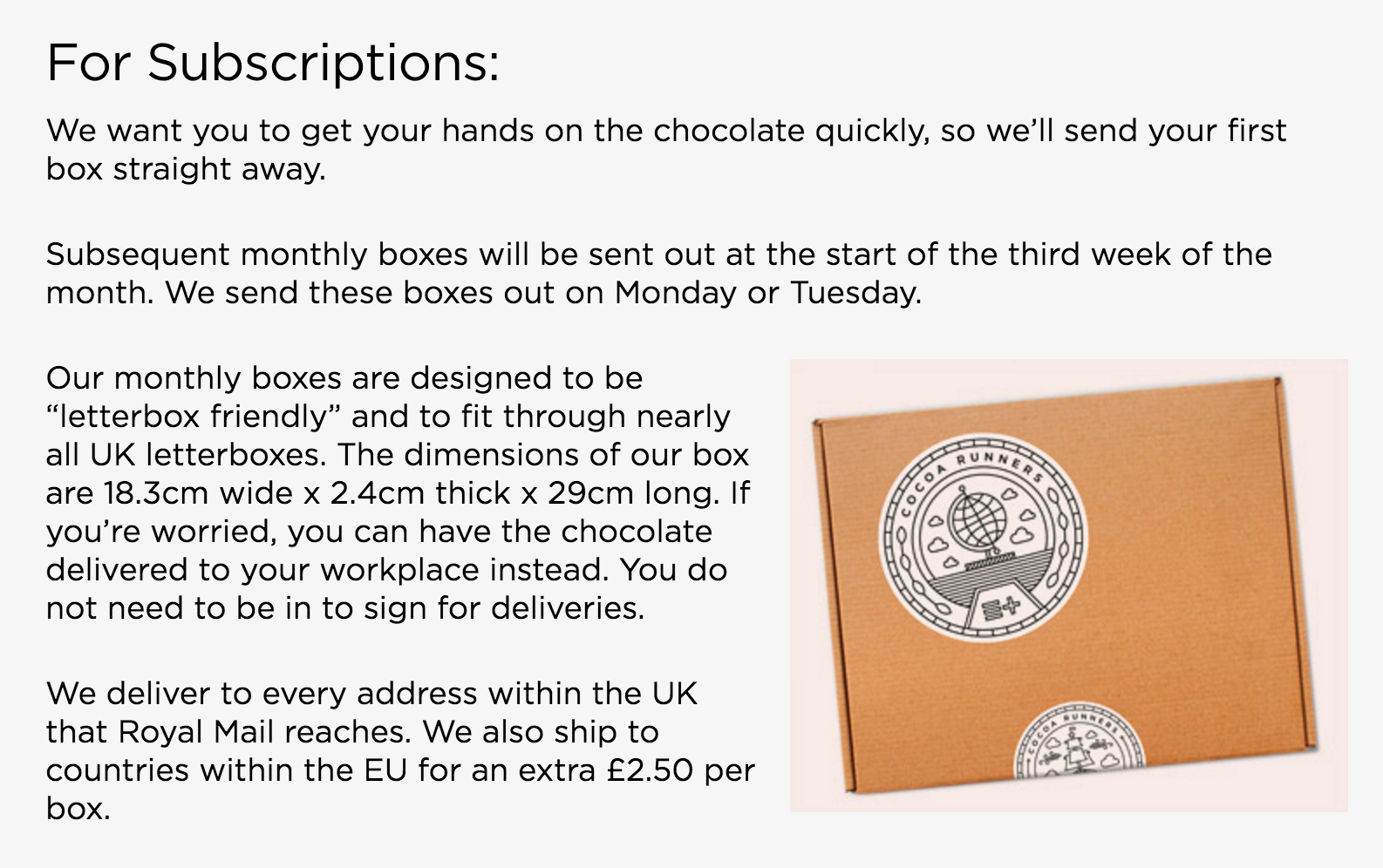 "¿Cuándo llegará mi chocolate por correo?" Cocoa Runners tiene una página de entrega con la información exacta que desean los clientes.