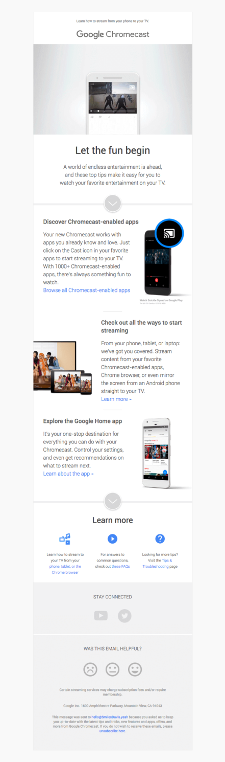 ในอีเมลเริ่มต้นใช้งานโดย Google พวกเขาได้เน้น USP ของผลิตภัณฑ์ Chromecast ให้กับลูกค้าที่ซื้อ