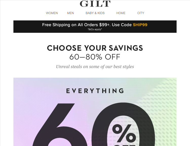 อีเมลส่งเสริมการขายจาก GILT ประกาศลดราคาสินค้าทั้งหมด