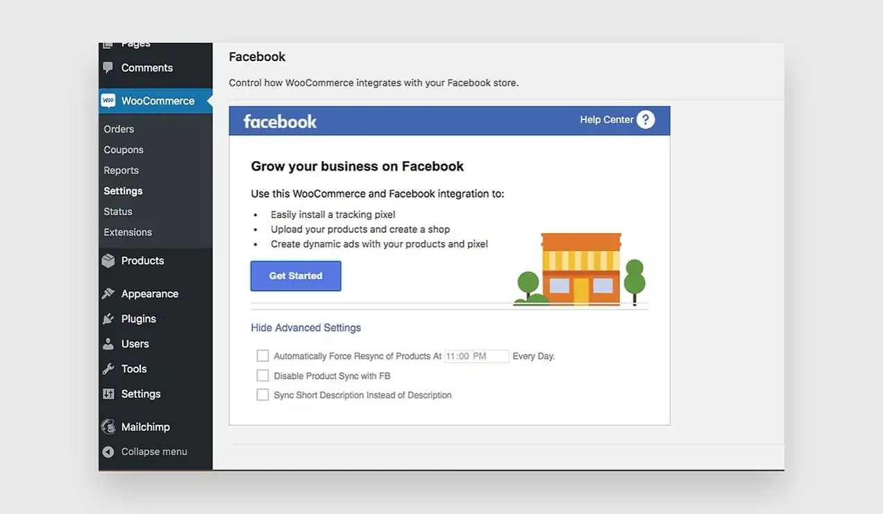 Tangkapan layar layar Facebook untuk WooCommerce di WP Admin.