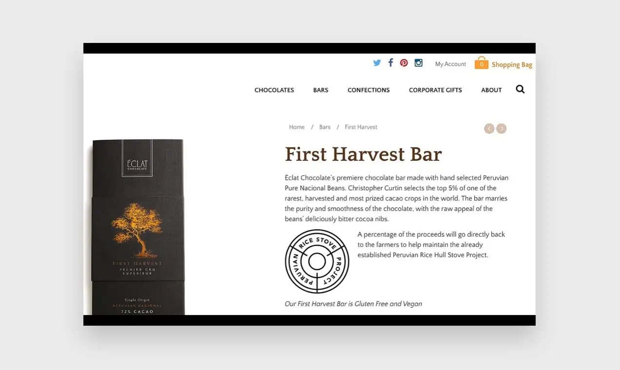 Captura de pantalla del sitio web de Eclat Chocolate, que muestra descripciones de productos que apelan a los sentidos.