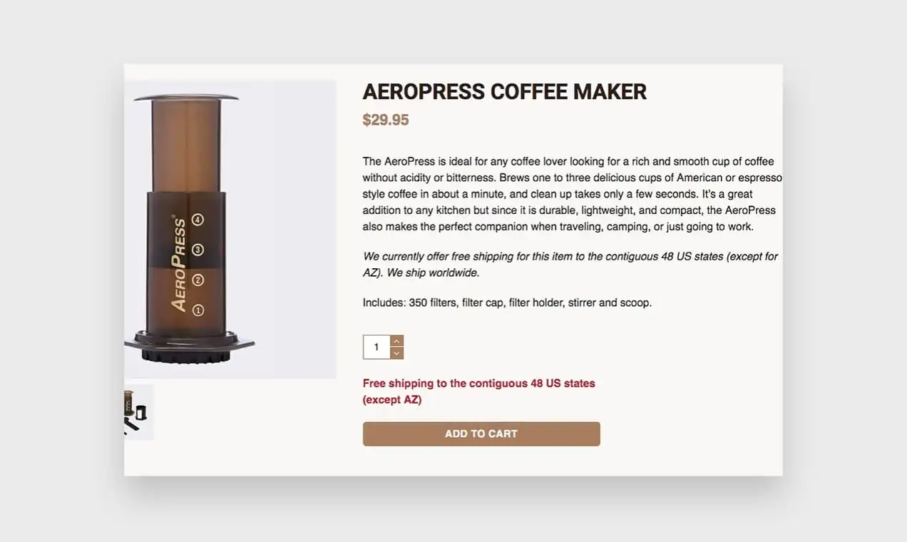 Captura de pantalla del sitio web de Aeropress, que demuestra cómo escribir una buena descripción del producto.