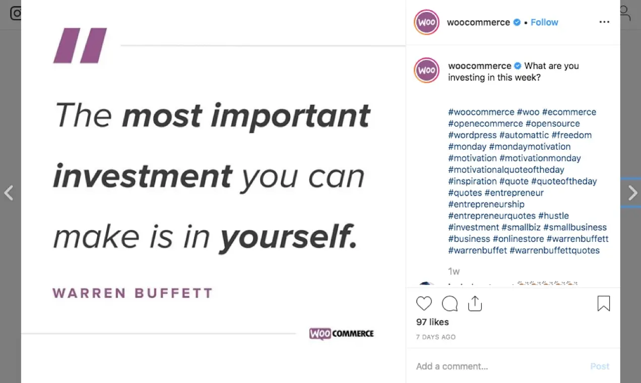 Screenshot von WooCommerce Instagram mit einem Motivationszitat.