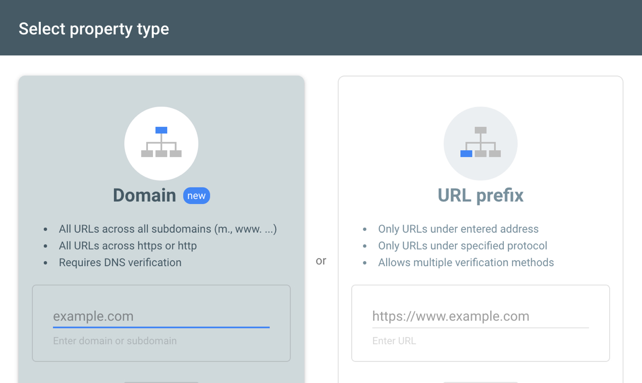 สกรีนช็อตของประเภทคุณสมบัติที่มีอยู่ใน Google Search Console