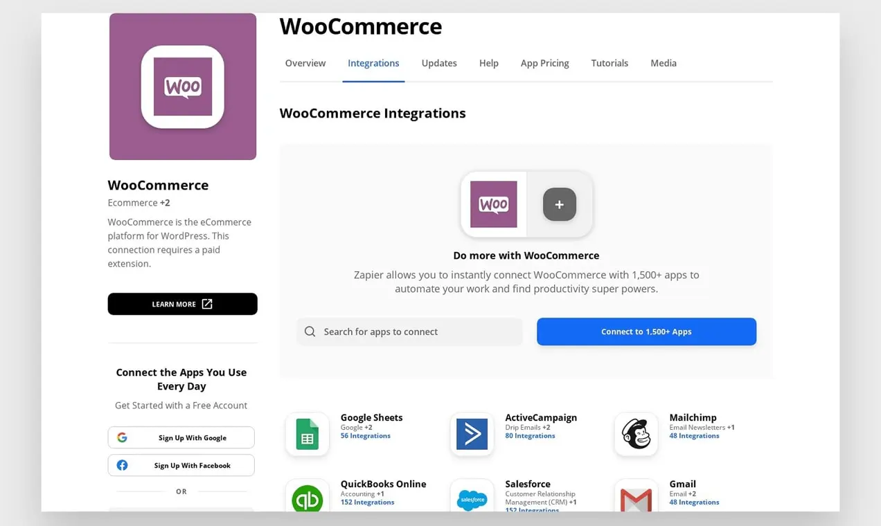 Zapier 的 WooCommerce 集成頁面。