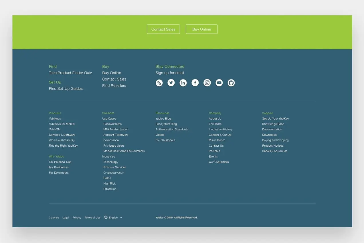 tangkapan layar footer dari Yubico.com