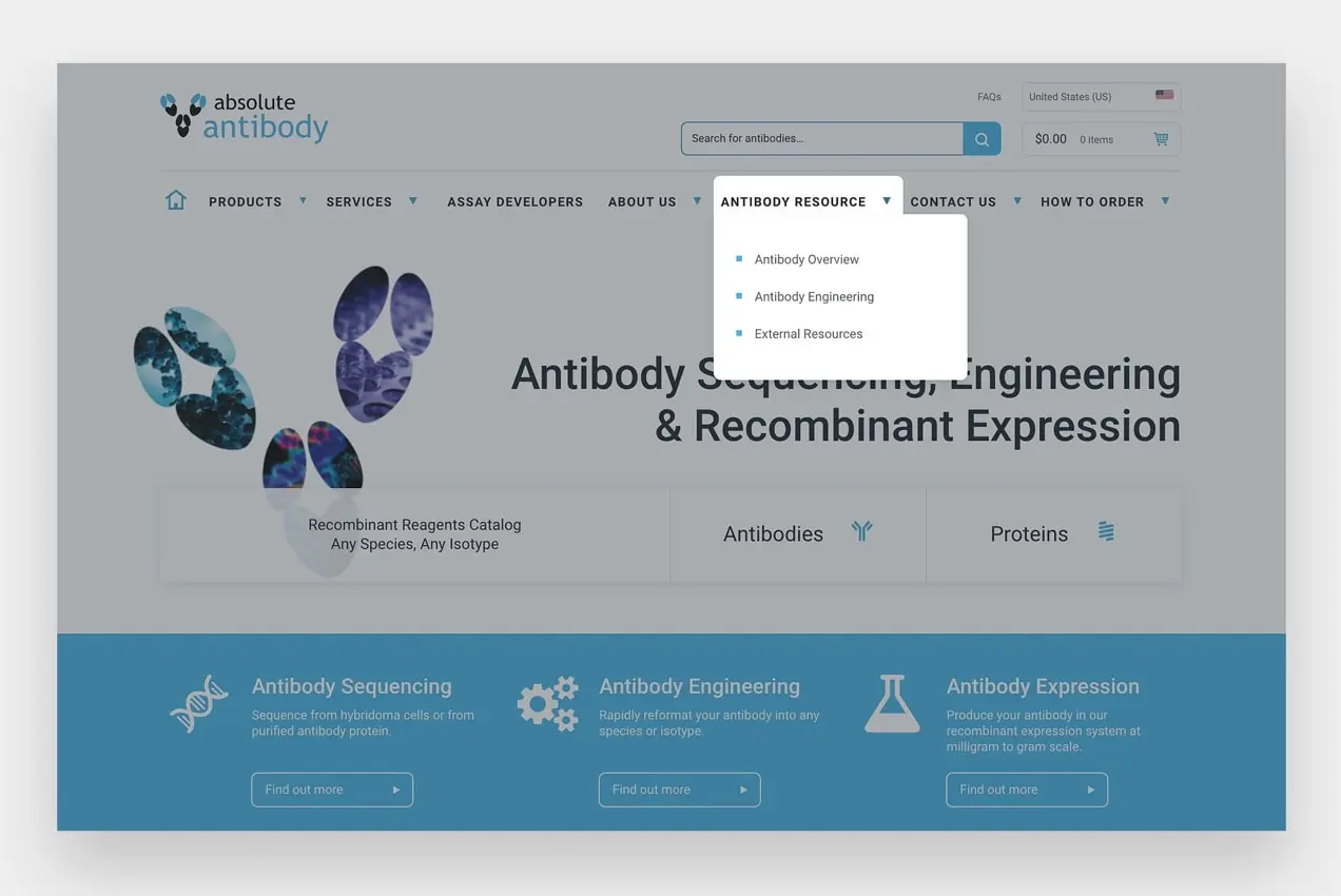 tangkapan layar dari Absolutely Antibody, menunjukkan menu utama dan dropdown mereka