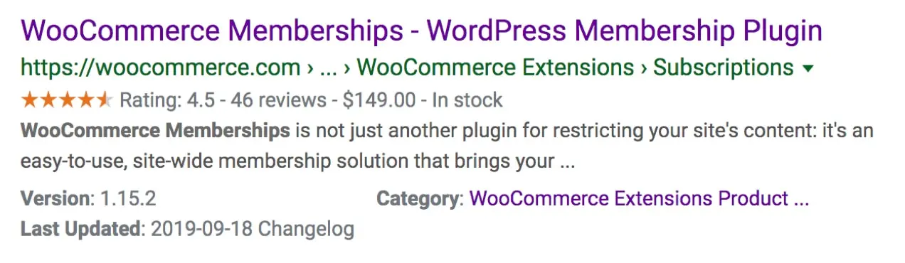 顯示架構標記的 WooCommerce 會員資格的搜索示例