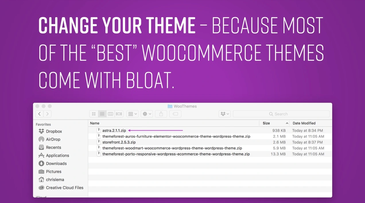 Slide membandingkan ukuran file dari beberapa tema WooCommerce populer.