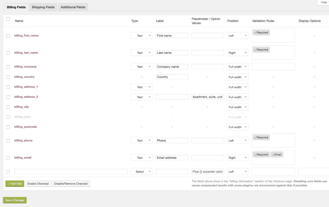 tangkapan layar opsi Editor Bidang Checkout