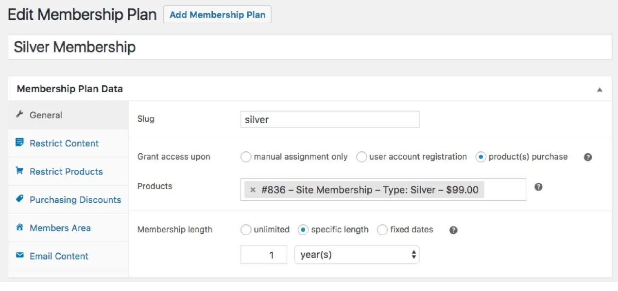 Layar Data Paket Keanggotaan dari WooCommerce