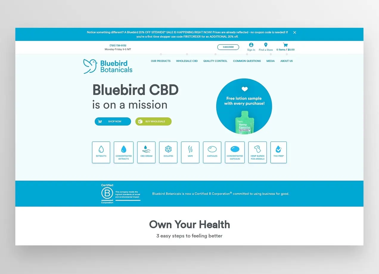 Página de inicio de Bluebird CBD, venta de CBD con WooCommerce