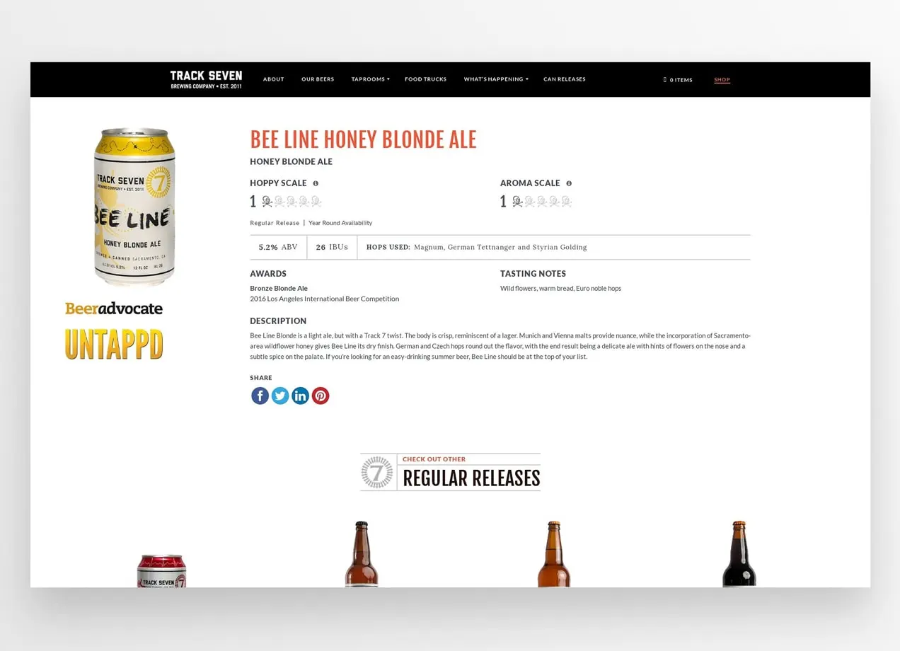 Pagina del prodotto della birra bionda miele Bee Line con una descrizione dettagliata del prodotto