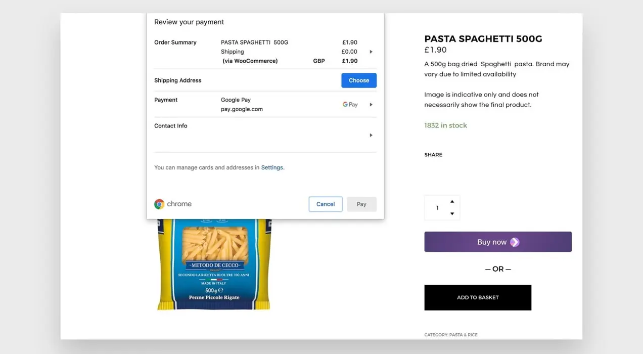 opzione di pagamento pop-up grazie a Stripe e Google Pay