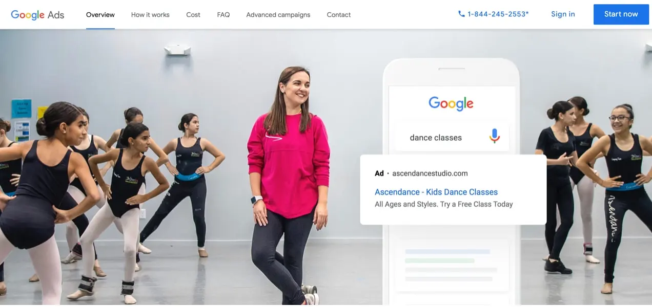 screenshot dalla home page di Google ads, che mostra ballerini e un esempio di annuncio per lezioni di ballo