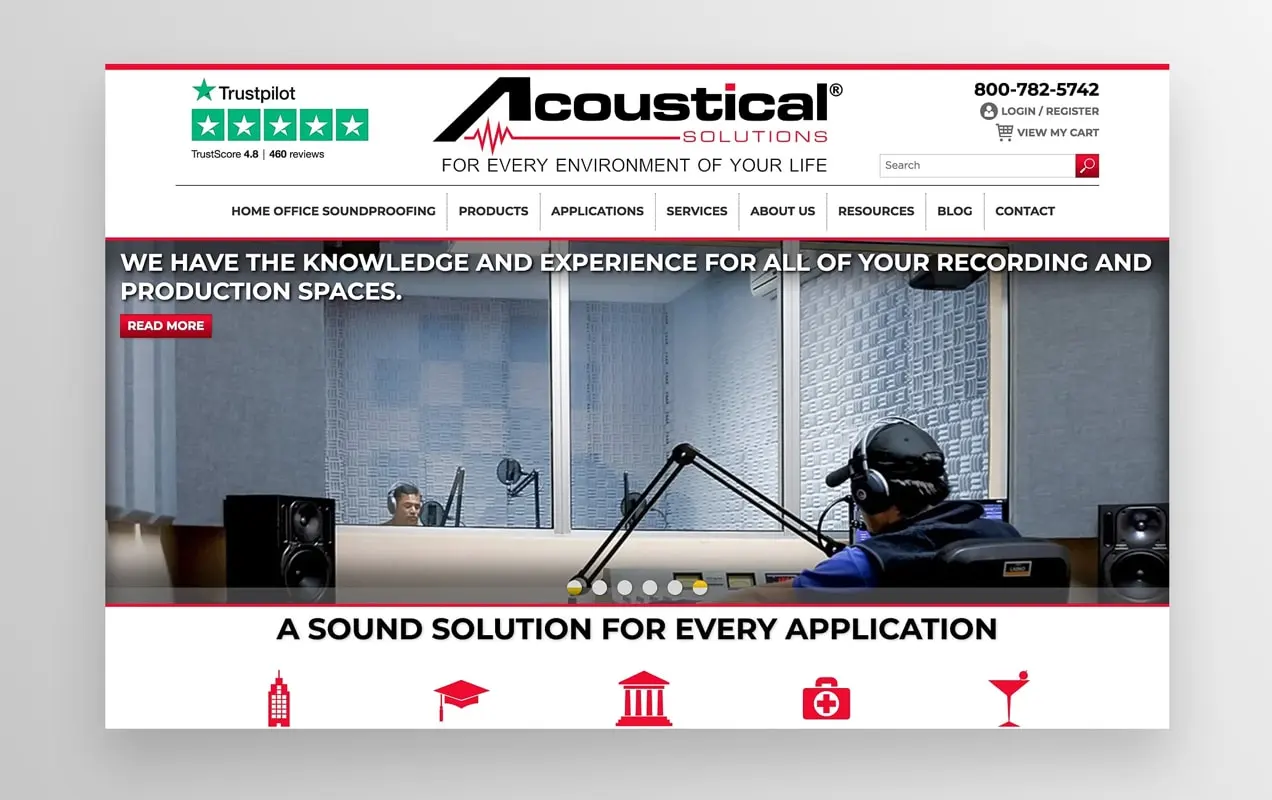 Домашняя страница Acoustical Solutions, демонстрирующая их продукцию