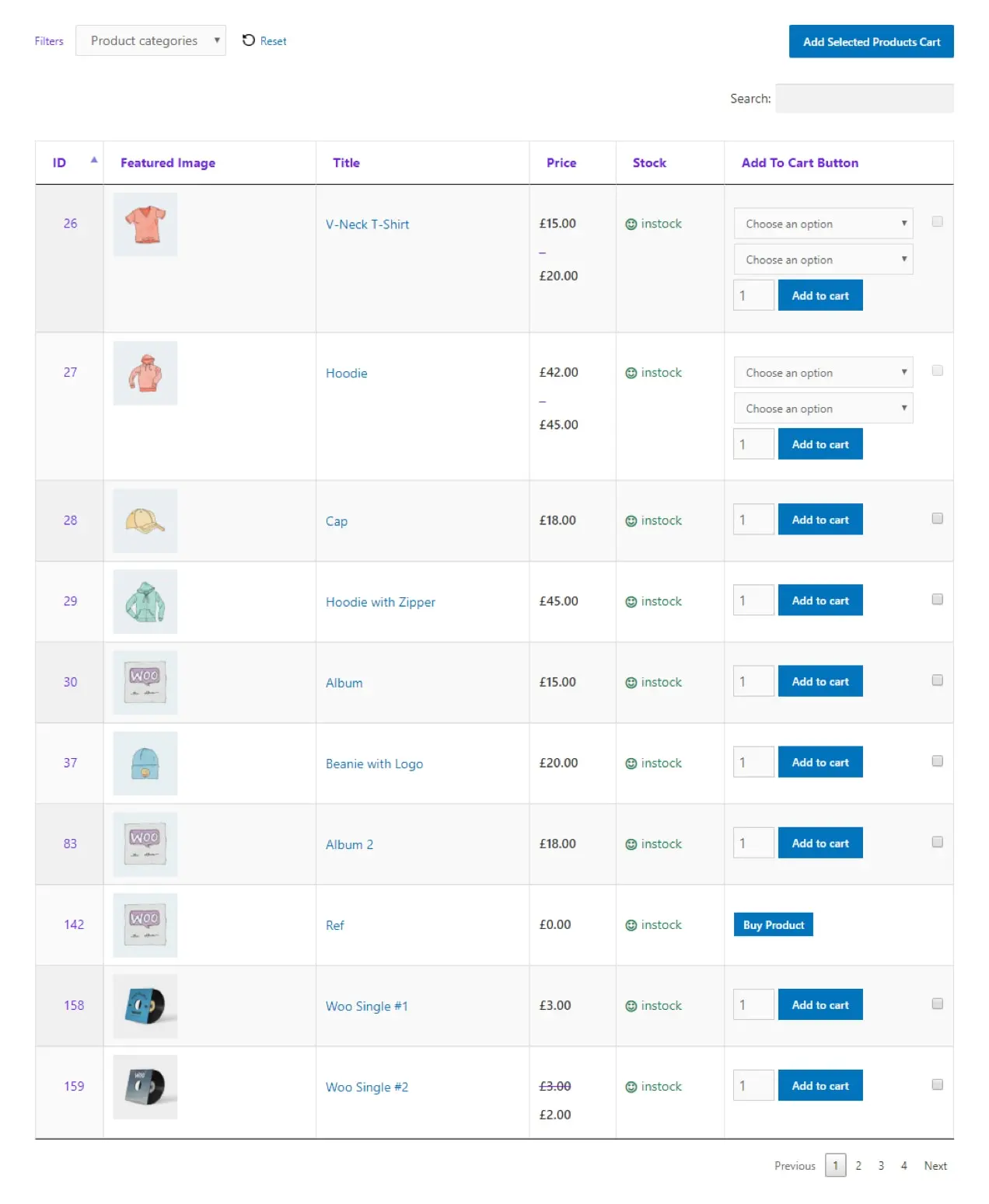 表格视图中显示的产品