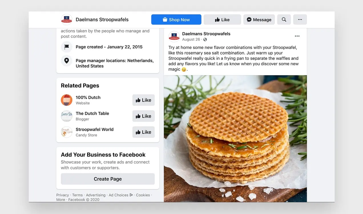 Postingan Facebook dari Daelmans Stroopwafels yang memberikan ide kepada pelanggan tentang cara menggunakan produk mereka