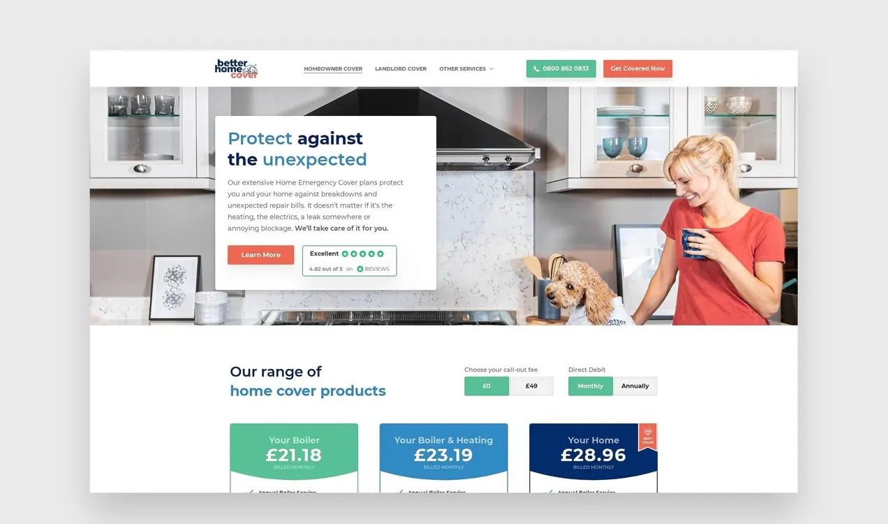 Better Home Cover-Website mit klaren Preisen und Dienstleistungen