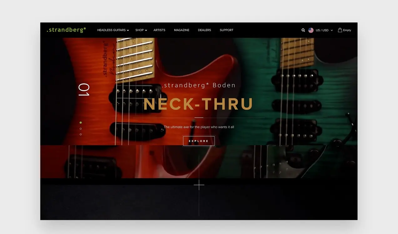 Strandberg Guitars Website mit dunklen Overlays