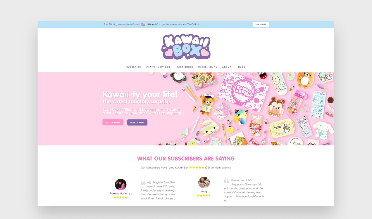 Kawaii Box-Website mit einer sprudelnden, abgerundeten Schriftart