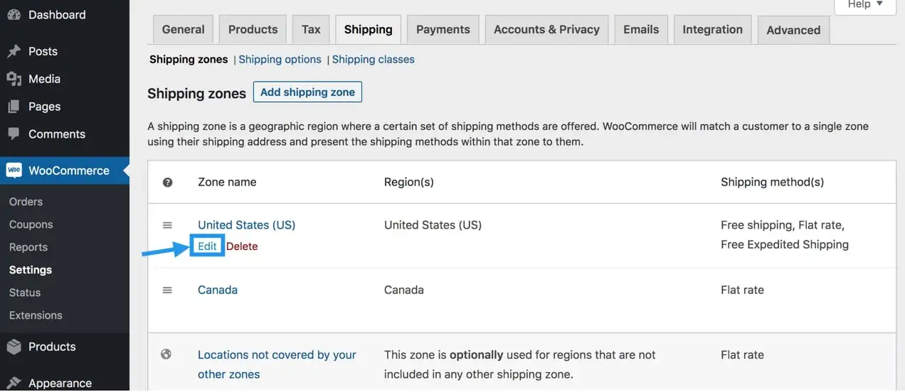 Zonas de envío de Estados Unidos y Canadá en el backend de WooCommerce