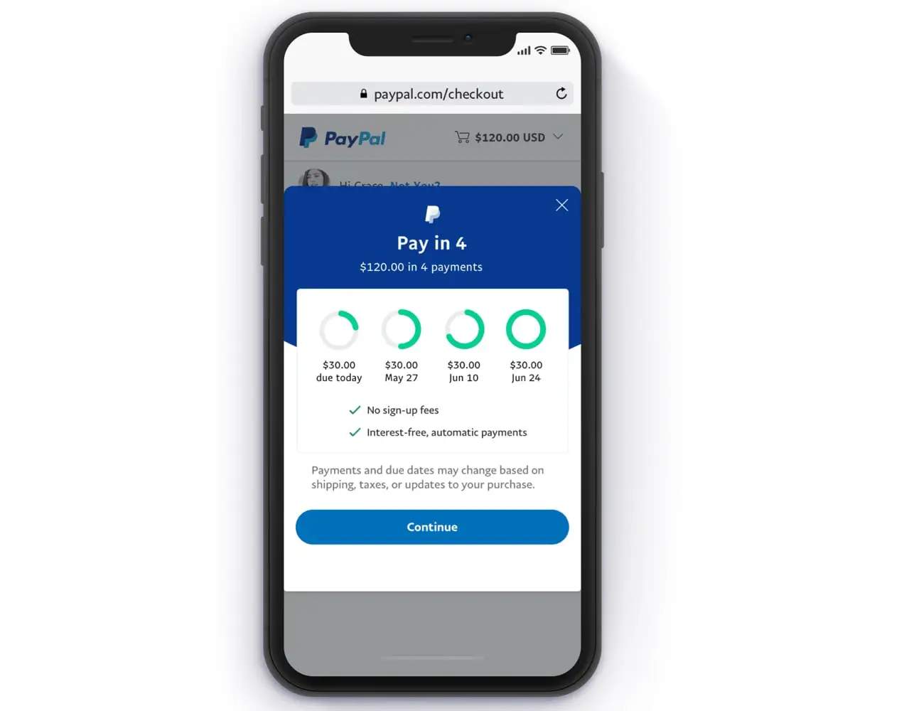 PayPal Pay in 4 บนหน้าจอมือถือ