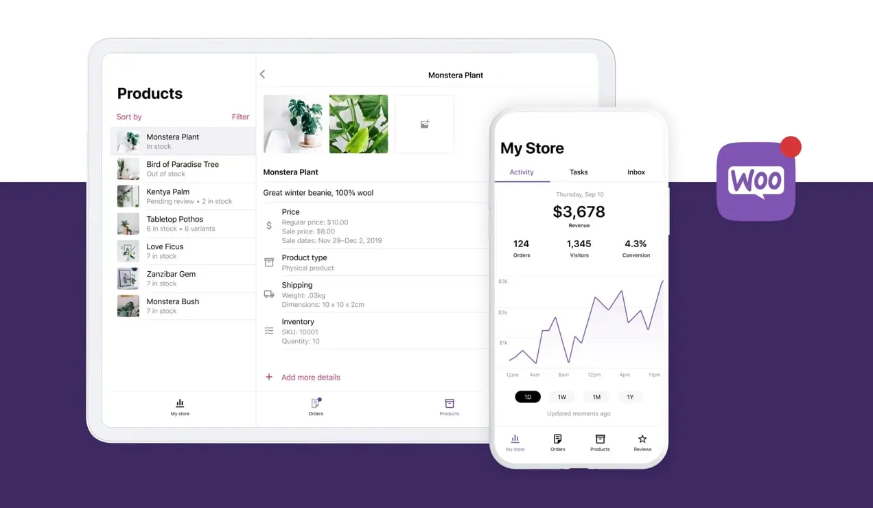 แอป WooCommerce กำลังแสดงการวิเคราะห์และผลิตภัณฑ์