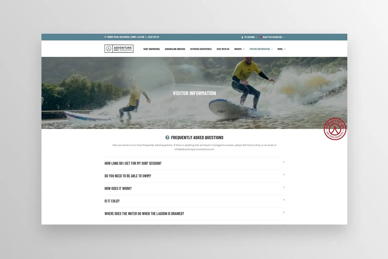 Página de perguntas frequentes no site do Adventure Parc Snowdonia