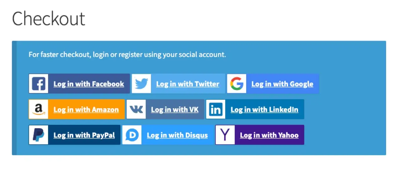 opções de login social disponíveis no checkout