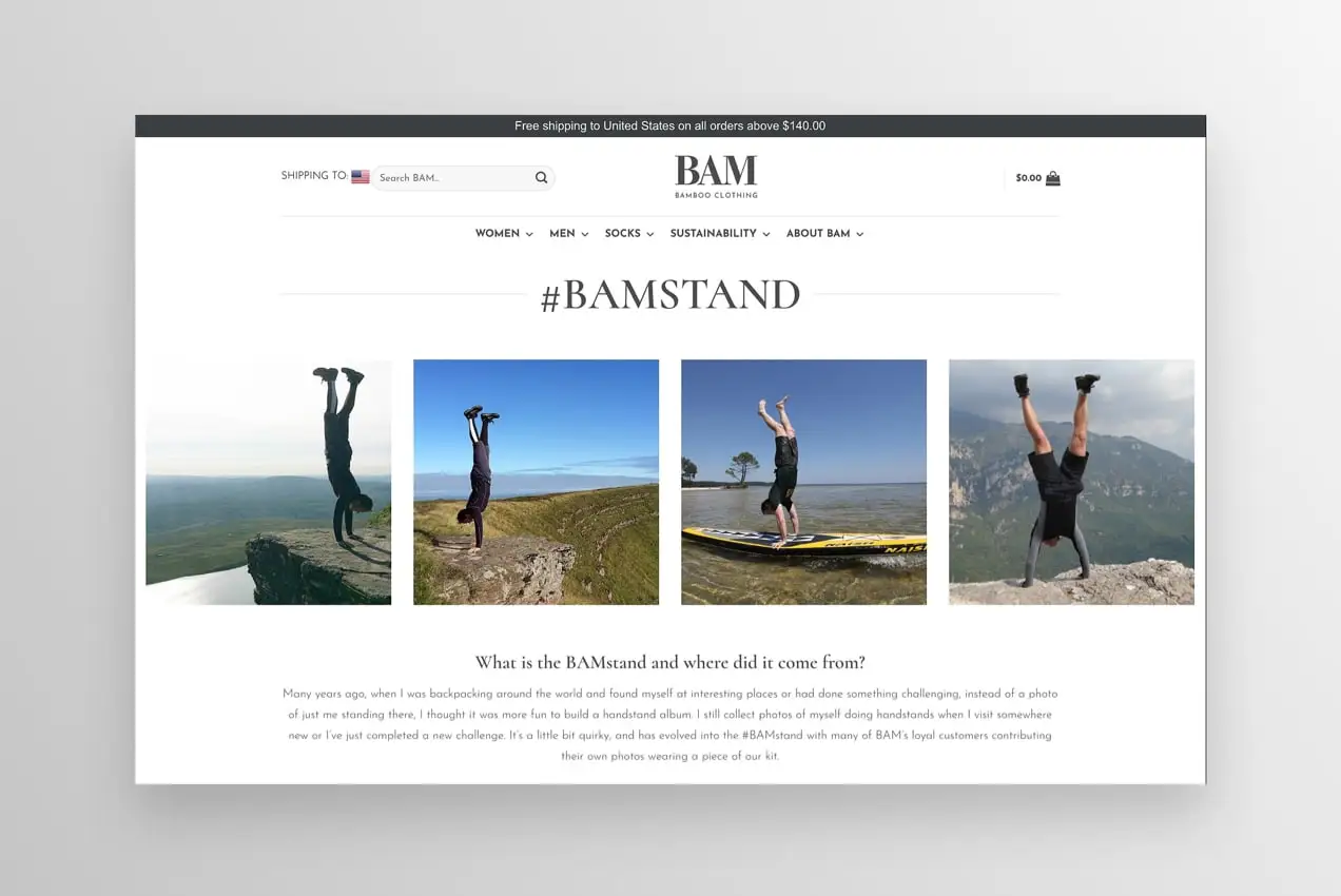 Abschnitt #BAMSTAND auf der Website mit Fotos von Menschen, die Handstände machen