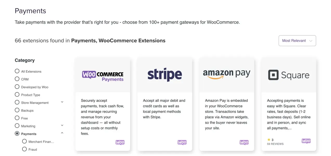 El mercado de extensiones de WooCommerce enumera las opciones de pasarela de pago