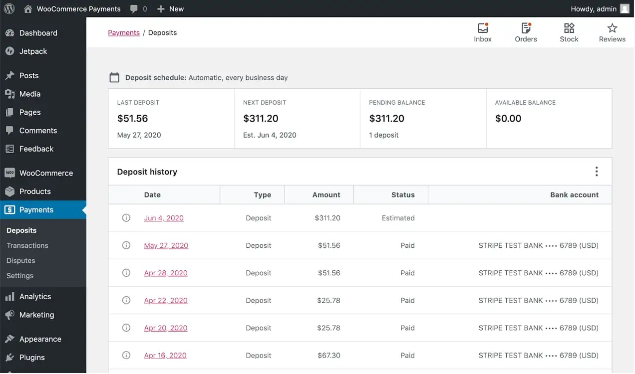 capture d'écran du tableau de bord WooCommerce Payments