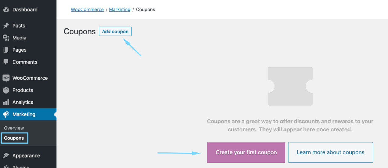 tablero de cupones dentro de WooCommerce