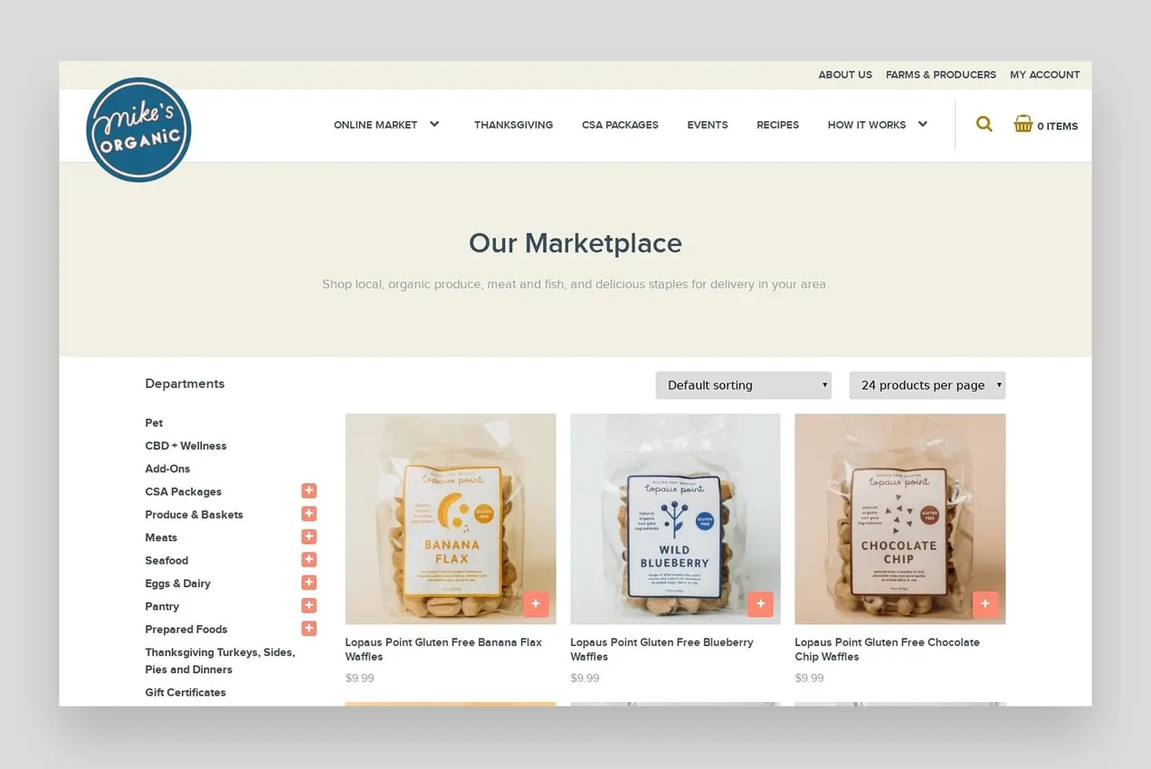 captura de pantalla del sitio de WooCommerce, Mike's Organic Delivery, que muestra una página de producto