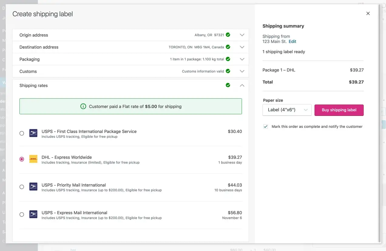 Layar pencetakan label pengiriman WooCommerce