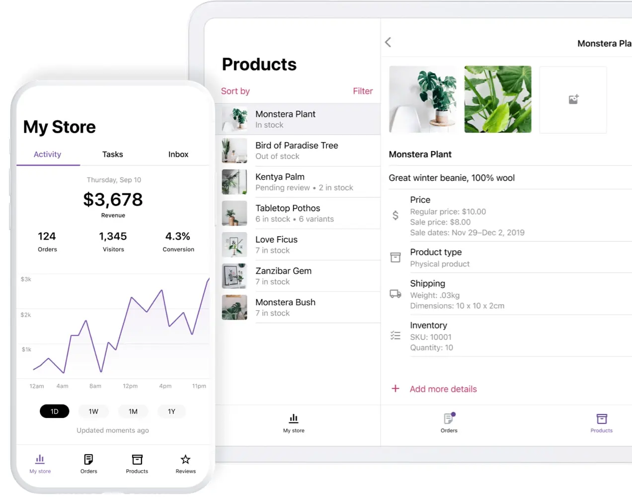 Application mobile WooCommerce affichant des analyses et des produits