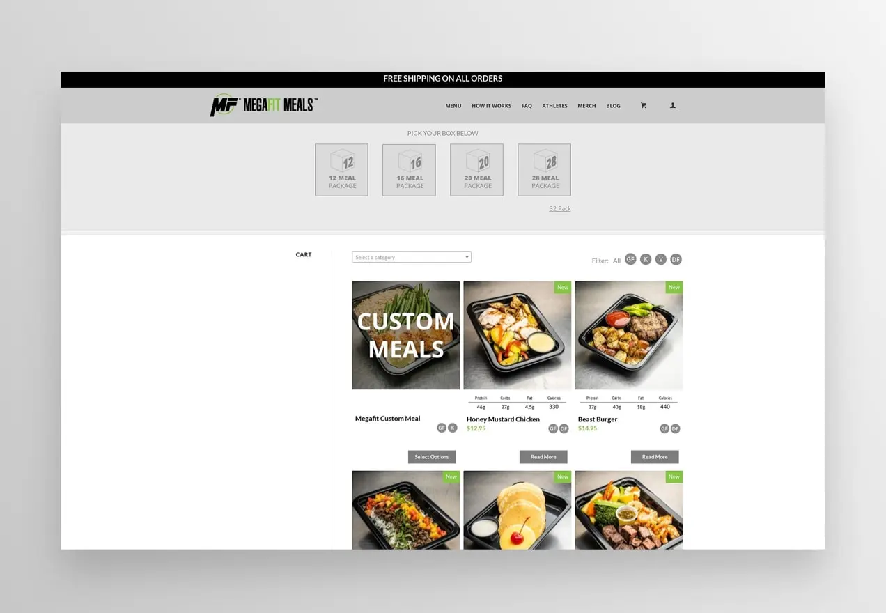 MegafitMealsのウェブサイトの上部にある送料無料バナー