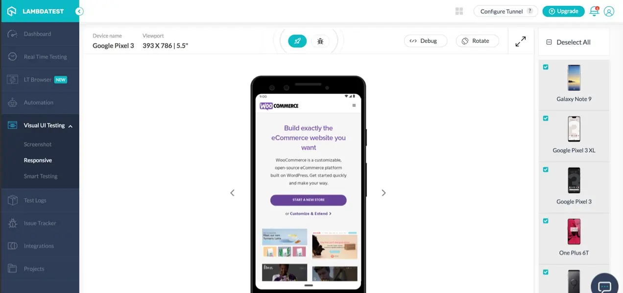 Résultats WooCommerce.com affichés sur LambdaTest