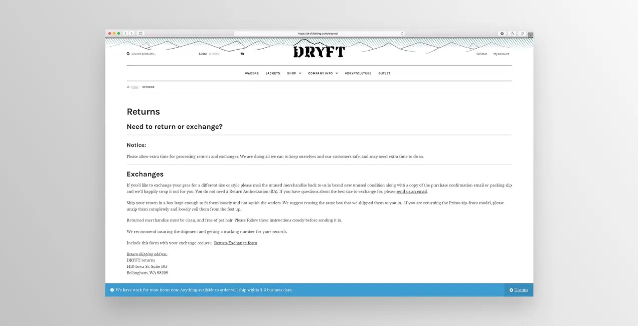 DRYFT 낚시 반품 정책