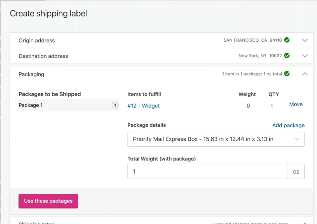 seção de embalagens com WooCommerce Shipping