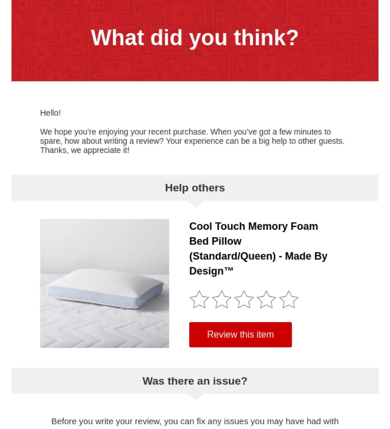 Ziel-E-Mail mit der Bitte um eine Produktbewertung eines Bettkissens aus Memory Foam