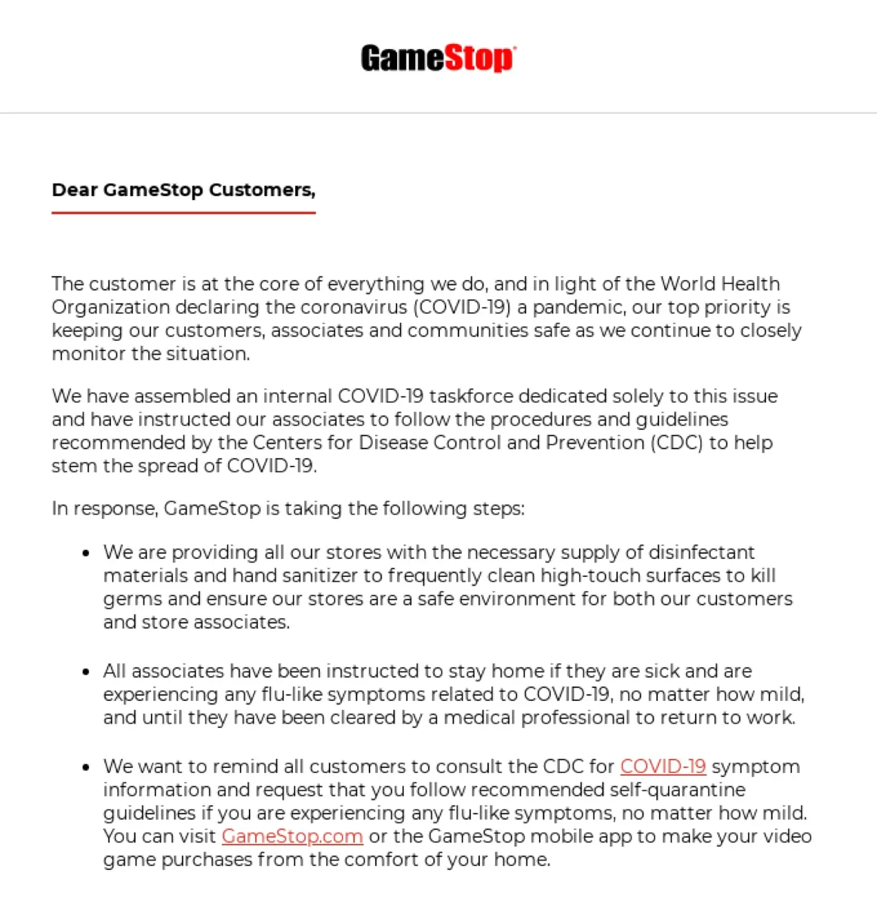 来自 GameStop 的针对 COVID-19 大流行的基于文本的电子邮件